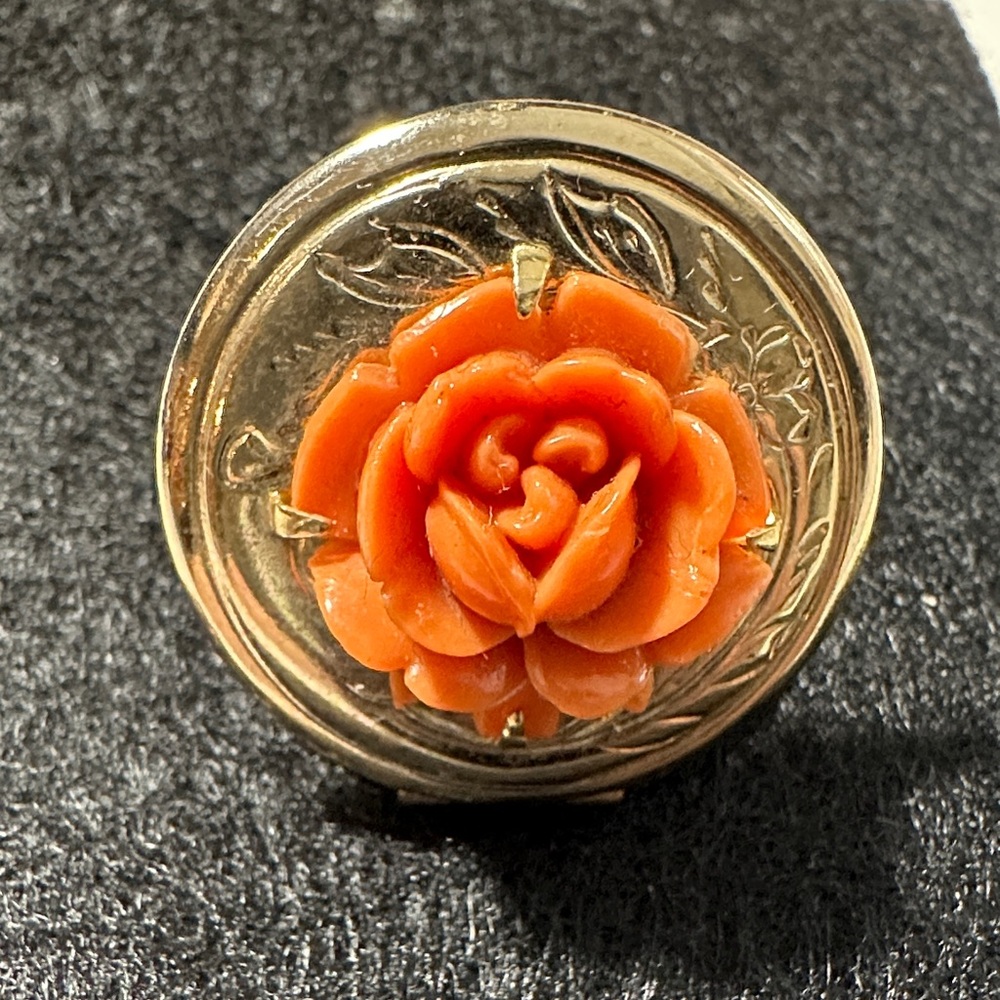 28A- Celluloid Gold and Orange Floral Gold tone Locket no chain included